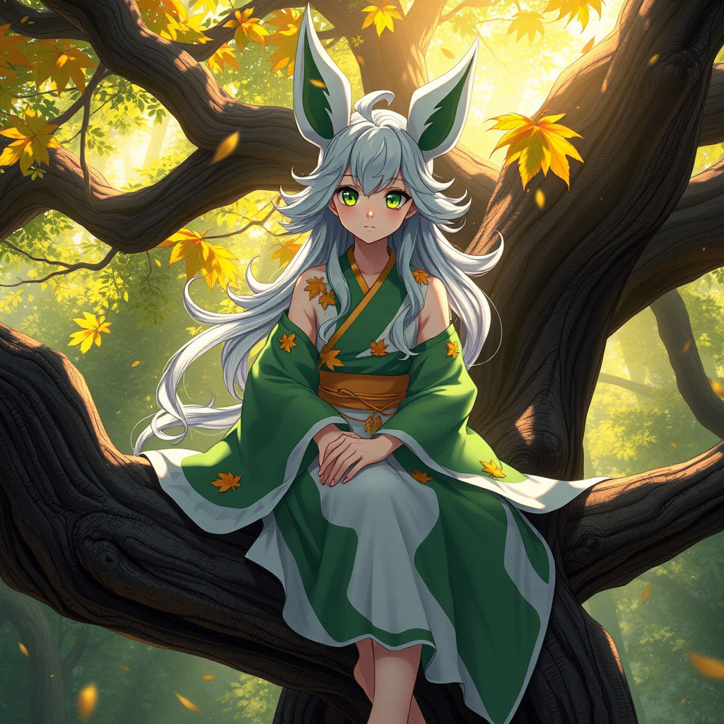 Leafeon-Inspired Woman in Forest, Ghibli Style