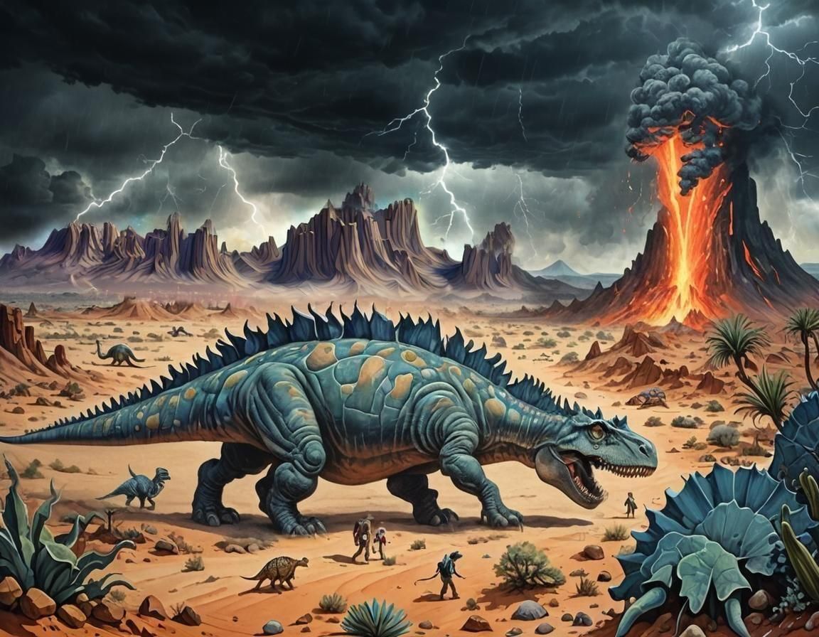 Dinosaur in Desert Dunes: Gouache Painting