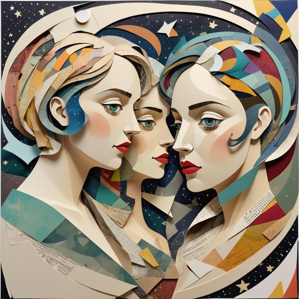 Neocubist Papercraft Collage Portrait of Lesbian Couple