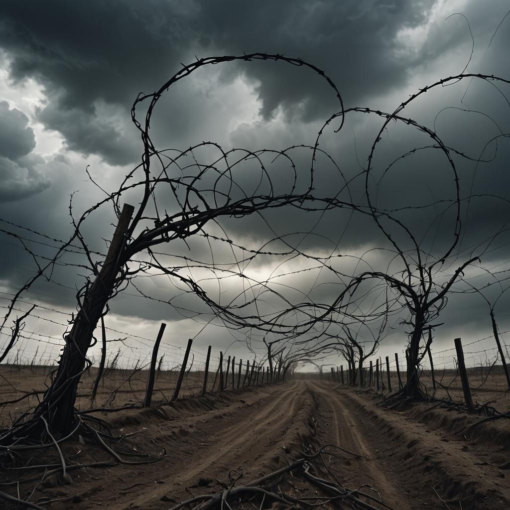 Barbed Wire Tornadoes in Dark Surreal Landscape