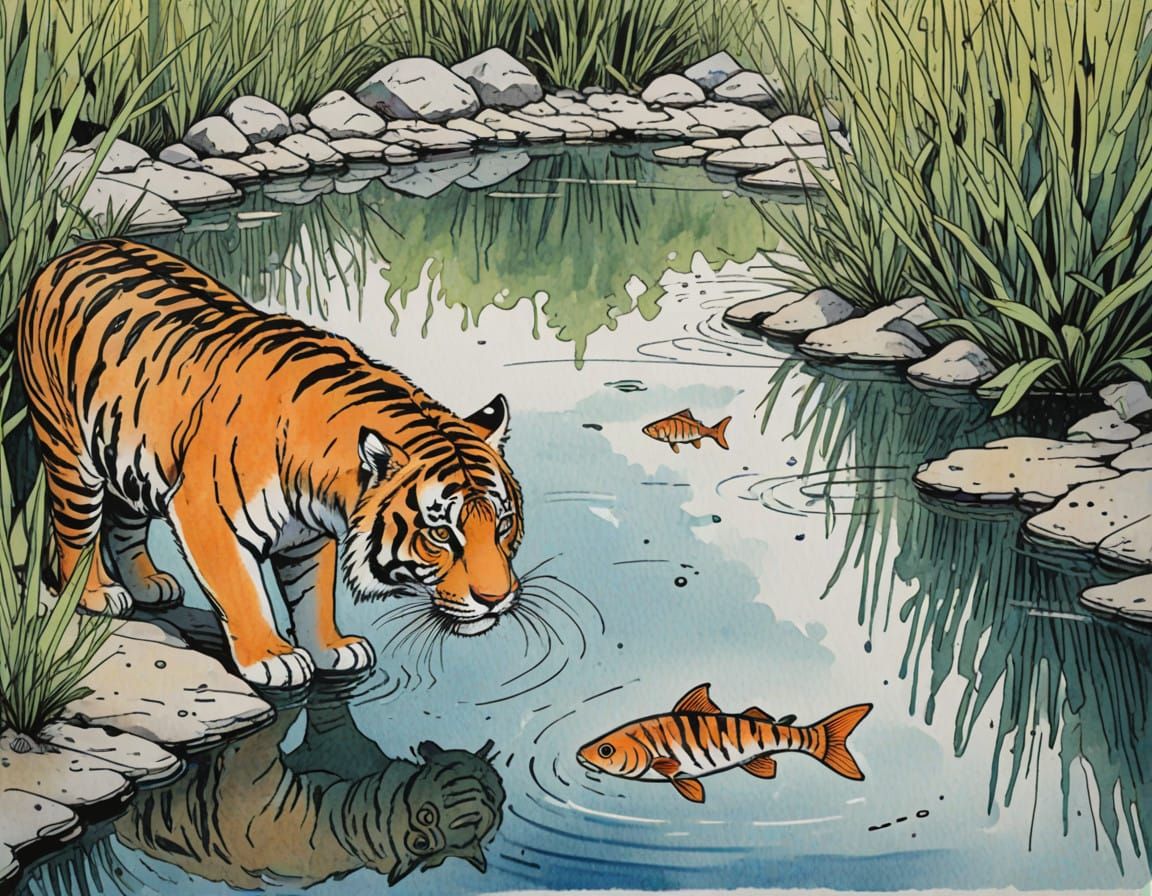 Tiger Encounters Tigerfish in Minimalist Comic Book Art