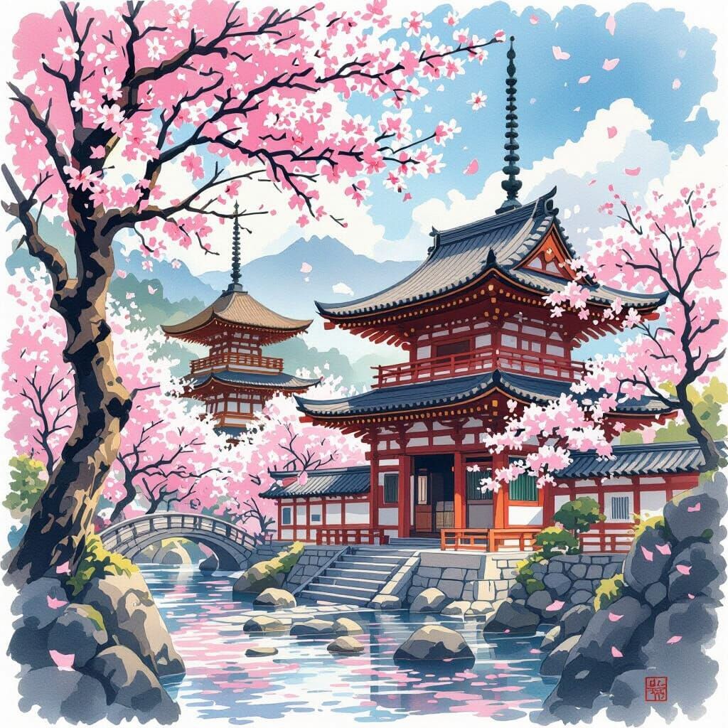 Japanese Temples in Anime Watercolor Style