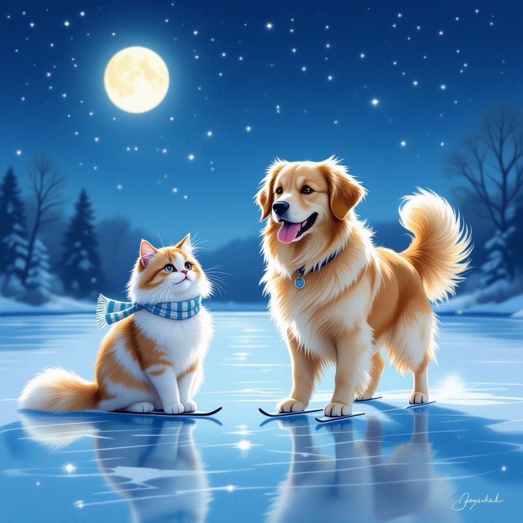 Cat and Dog Ice Skating Under Starry Night Sky