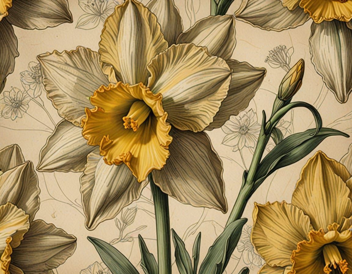 Delicate Daffodil Botanical Illustration on Parchment