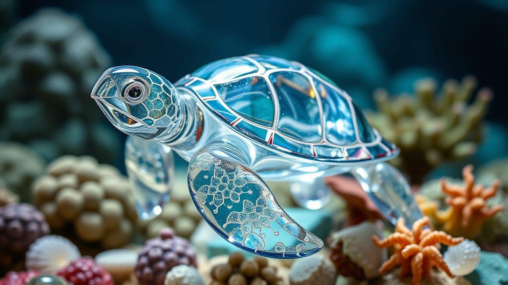 Hyperdetailed Translucent Glass Sea Turtle in Ocean Scene