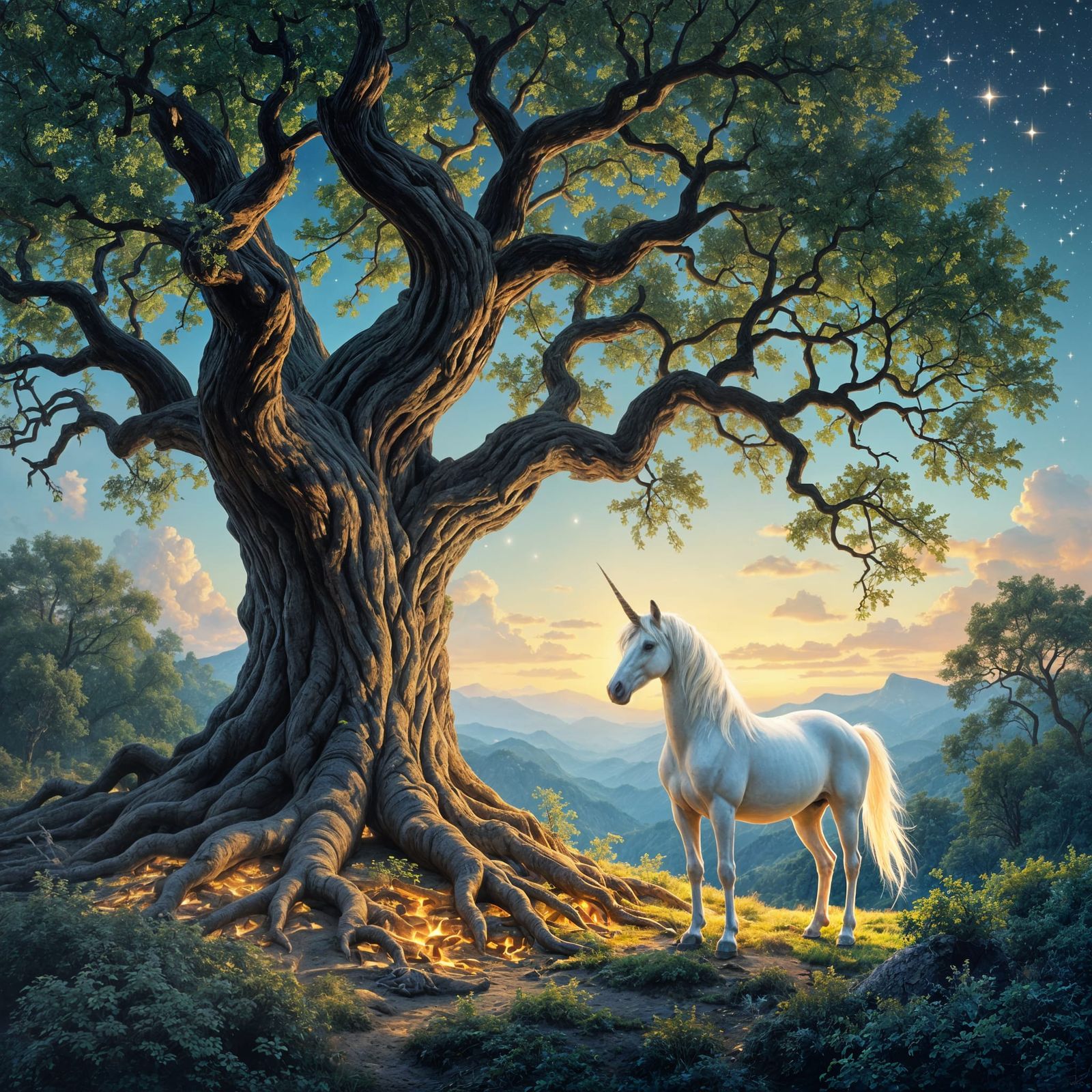 Unicorn Under Mystical Oak Tree in Hyperrealistic Style