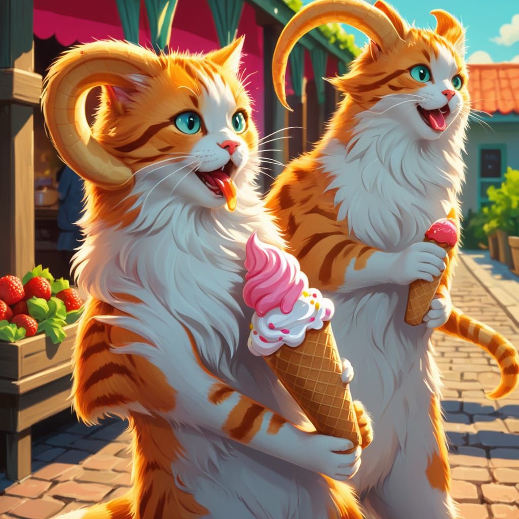 Adorable Cat Enjoys Ice Cream in Vibrant Digital Painting