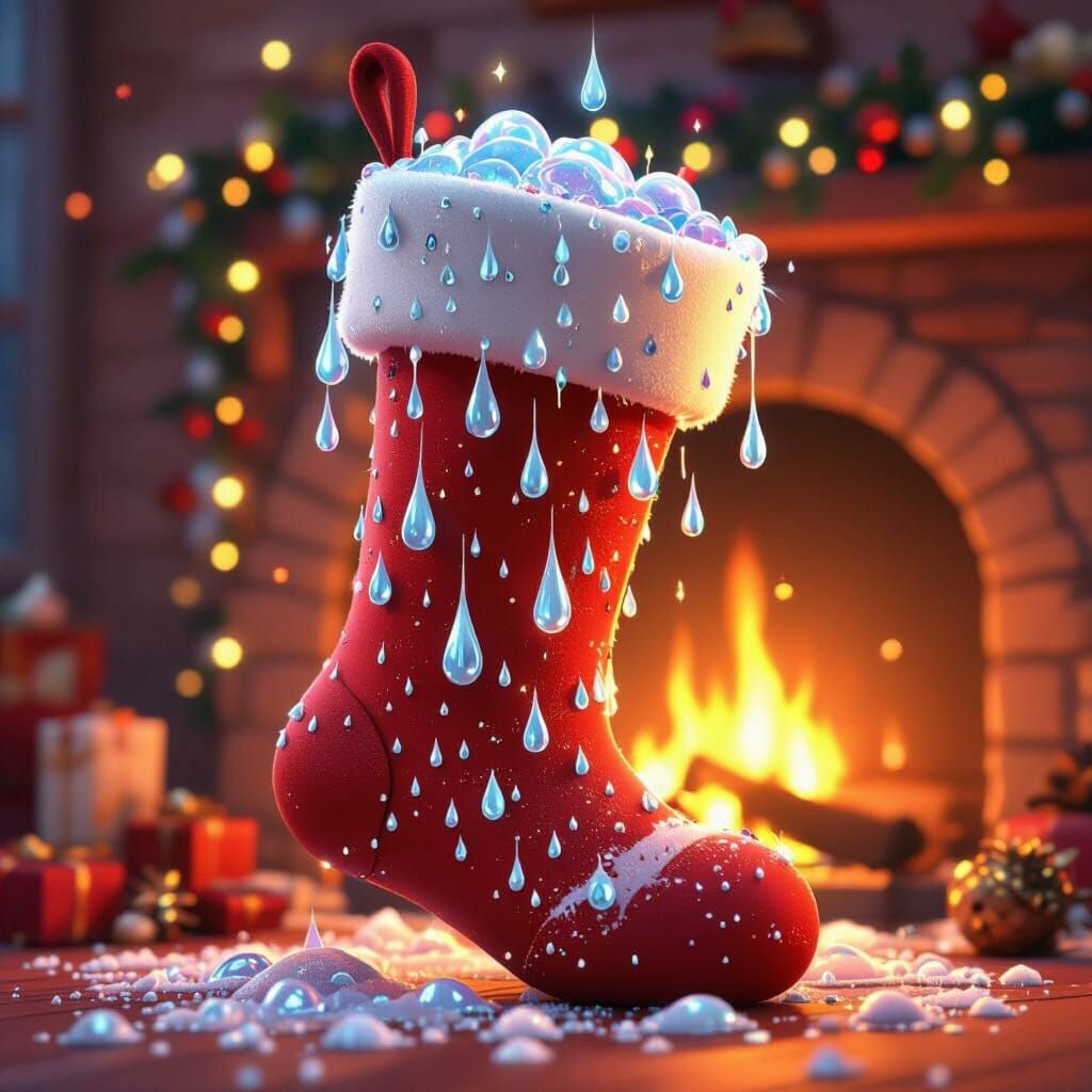 Sad Christmas Stocking Overflowing with Tears Near Fireplace