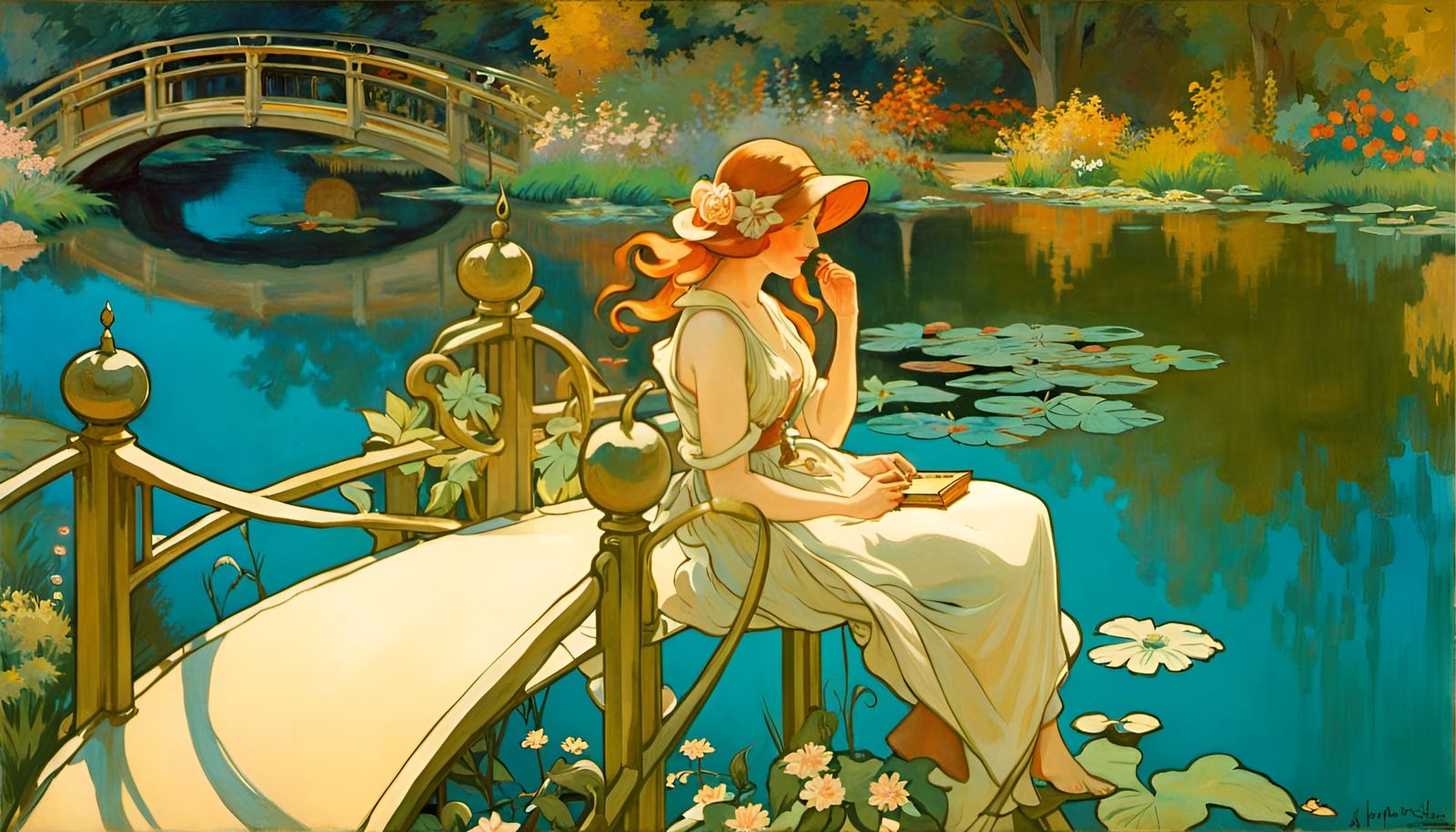 Gyn-Droid Girl Crossing Bridge in Art Nouveau Style