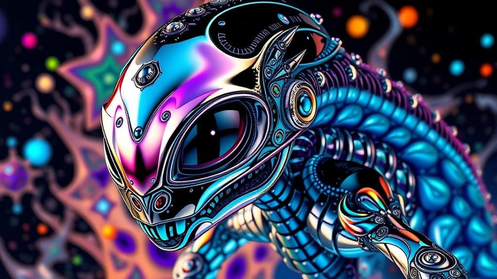 Hyperrealistic Chrome Cyborg in Vibrant Polychromatic Hues