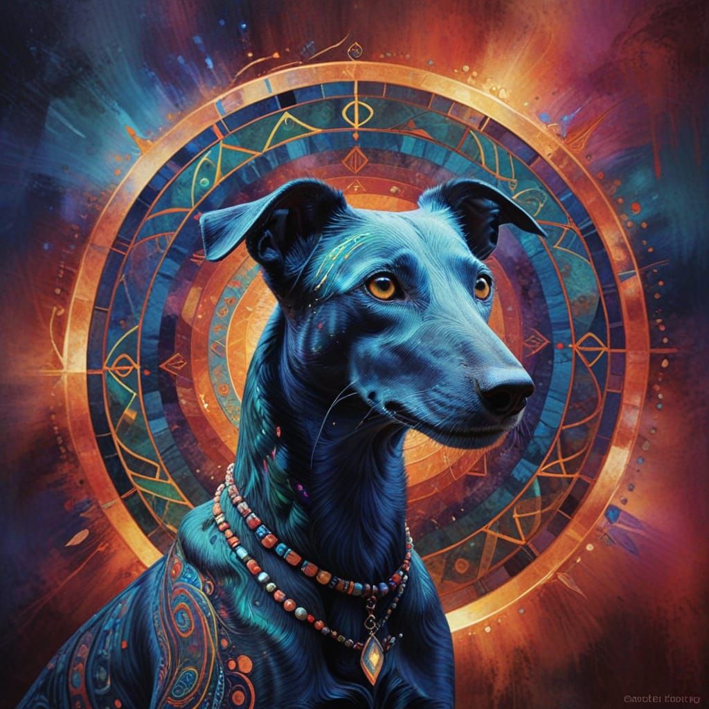 Mystical Greyhound Surrounded by Ethereal Runes in Dreamlike...