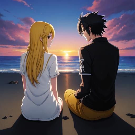 Sunset Black Sand Beach Couple in Anime Style