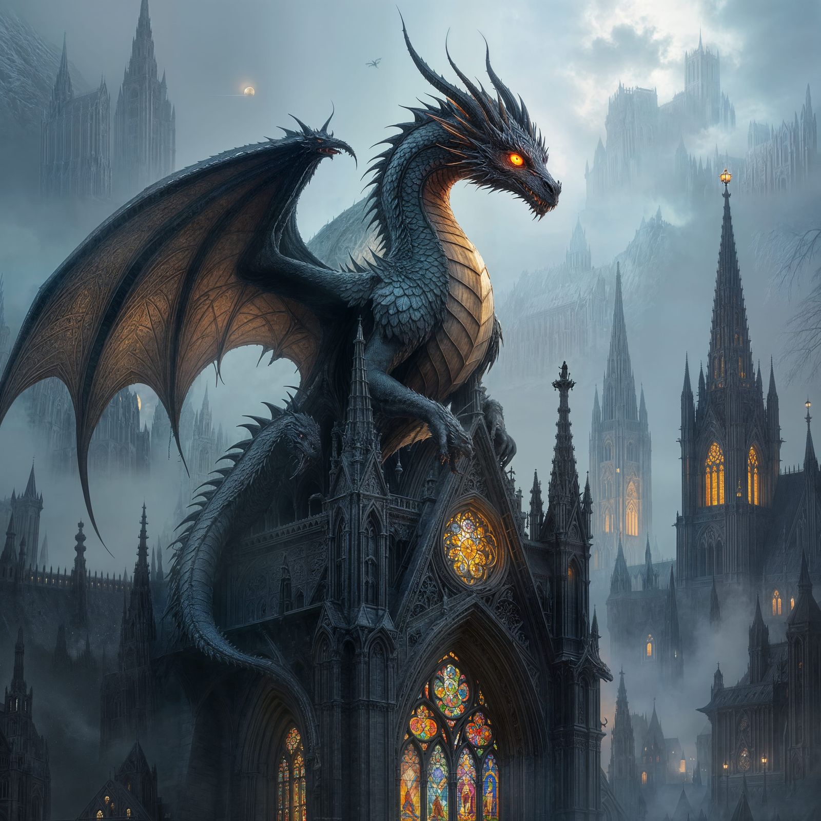 Dragon Perched on Gothic Cathedral in Dark Fantasy Style
