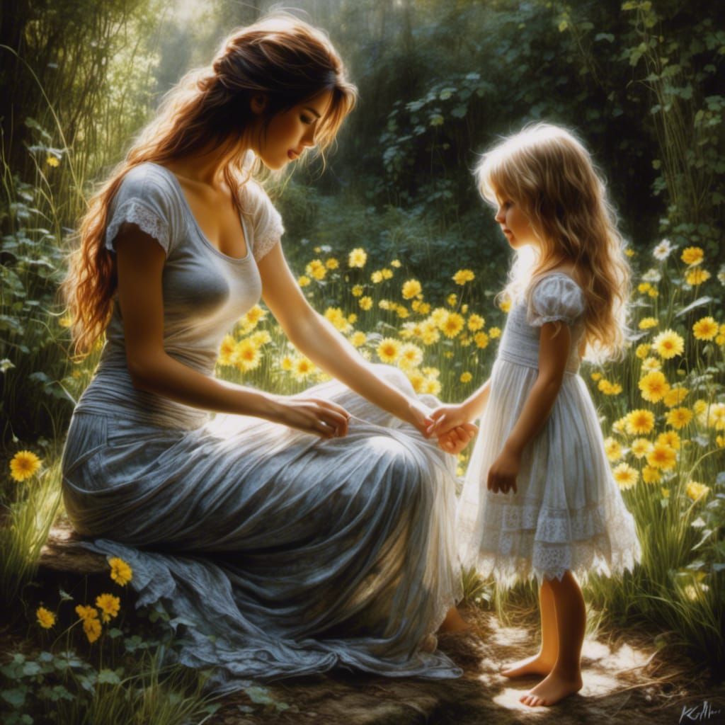 Mother and Daughter Playing: Hyperrealistic Painting
