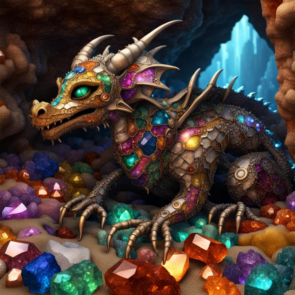 Steampunk Dragon Asleep in Crystalline Cave