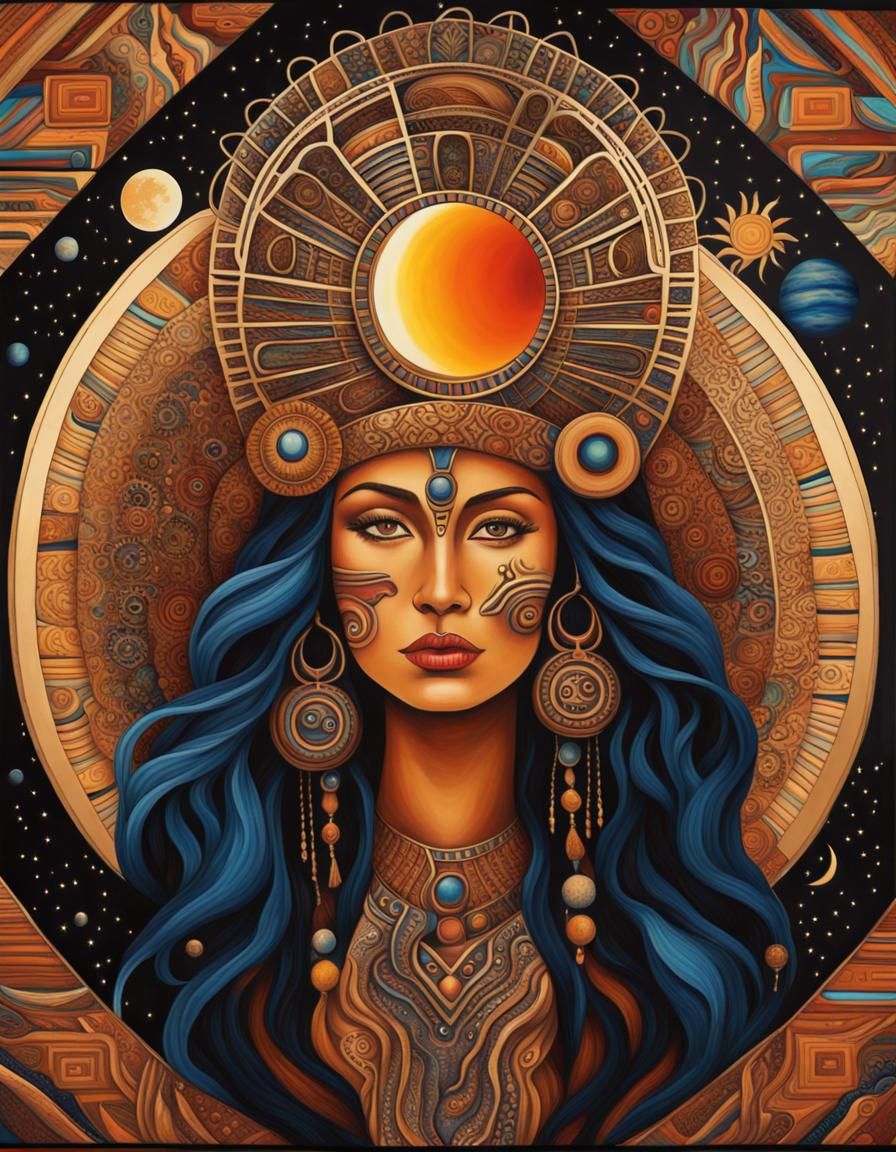 Aztec Earth Mother with Sun, Moon and Stars
