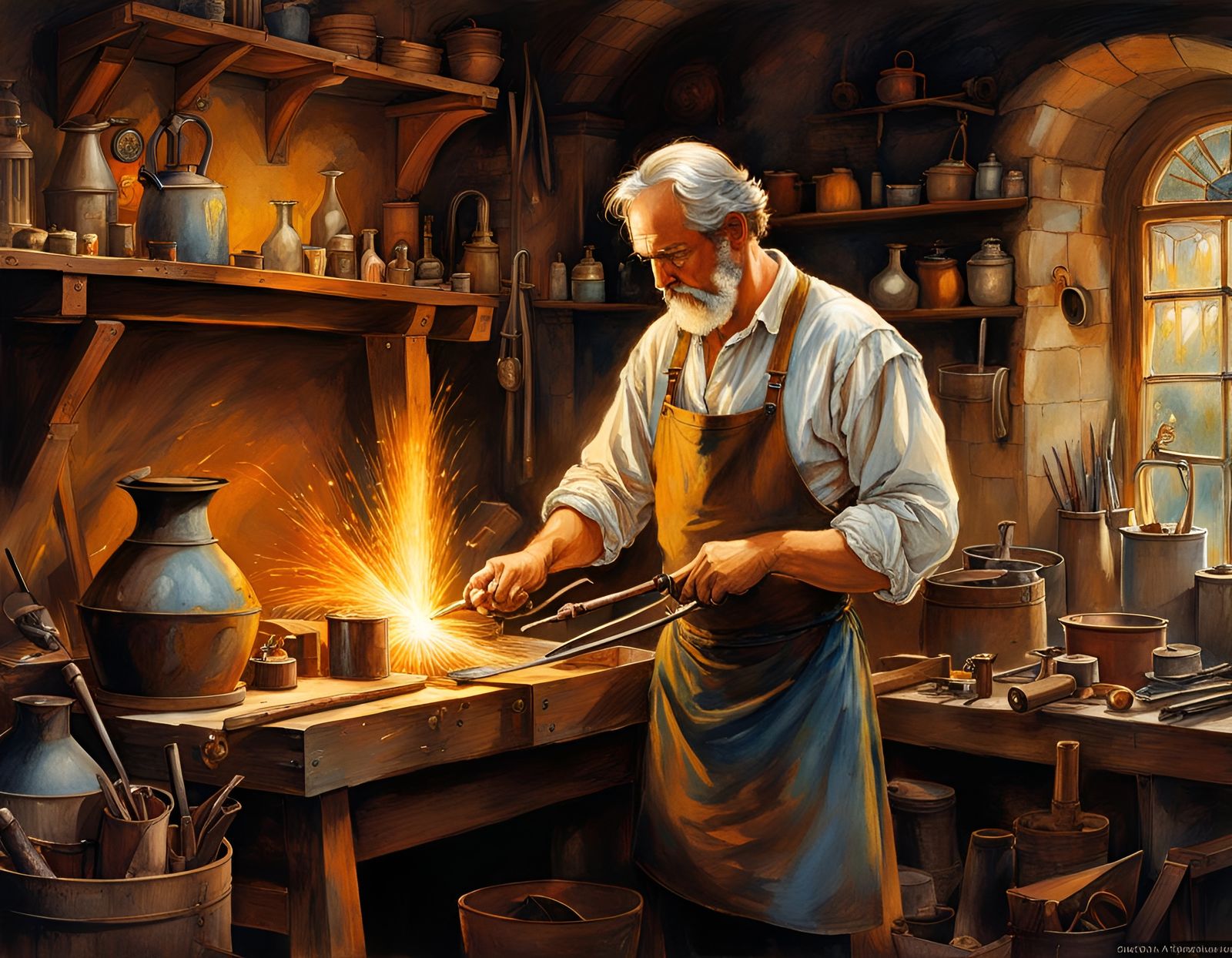 Blacksmith at Work: Watercolor Folk Art