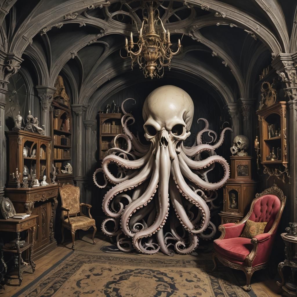 Gothic Chamber with Surreal Octopus Creature