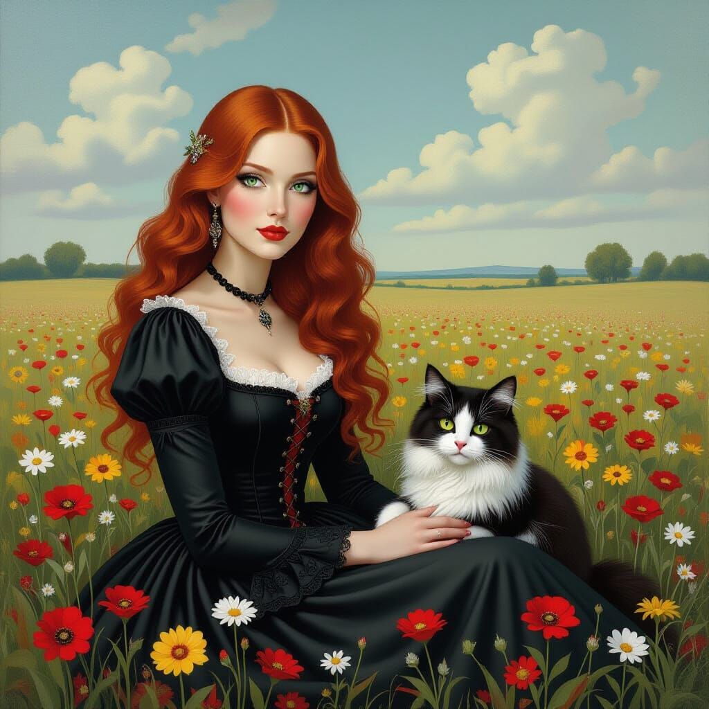 Gothic Woman with Cat in Surrealist Flower Field Painting