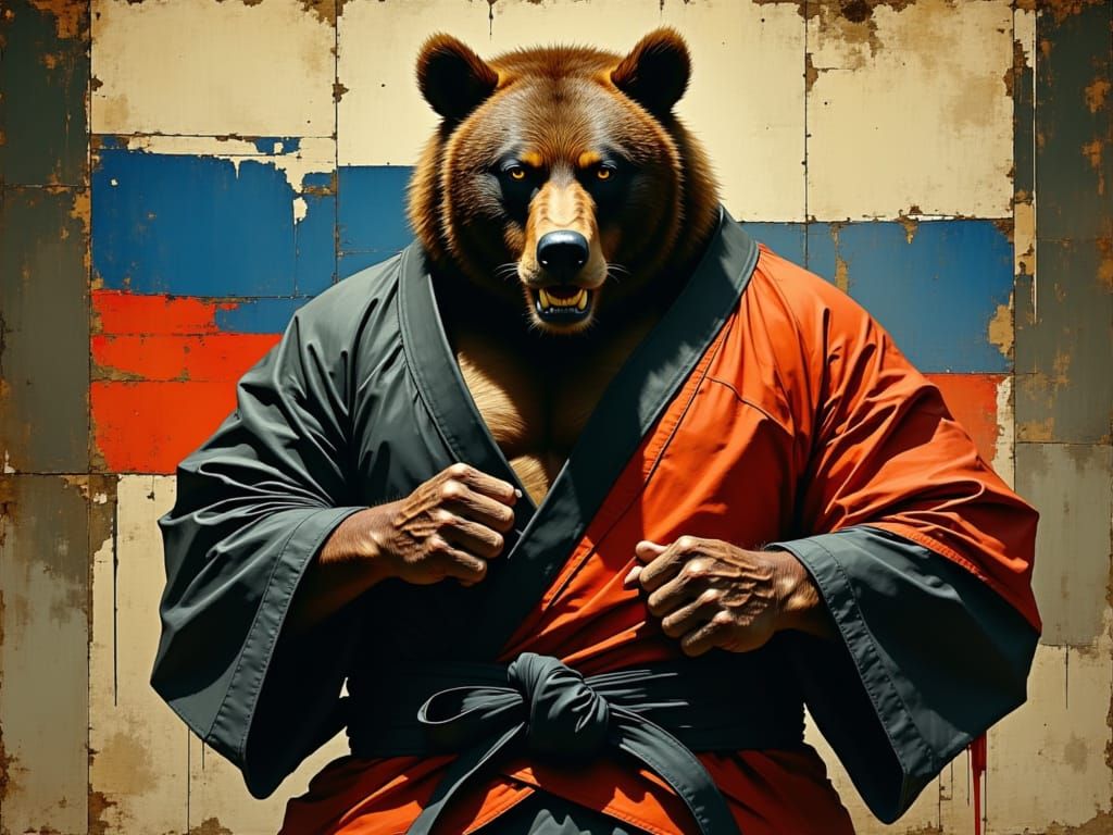 Enraged Grizzly Bear in Kimono with Russian Flag