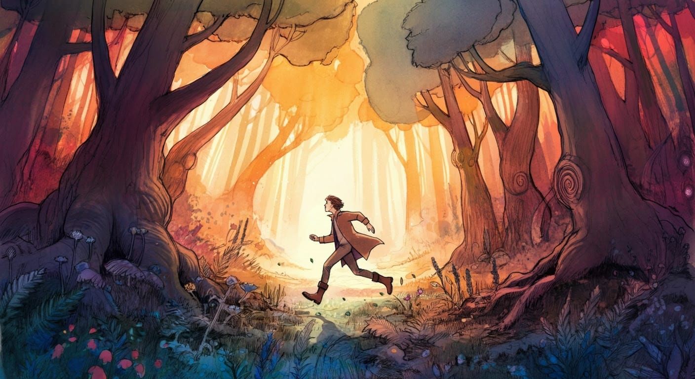 Whimsical Forest Encounter in Expressive Architectural Style