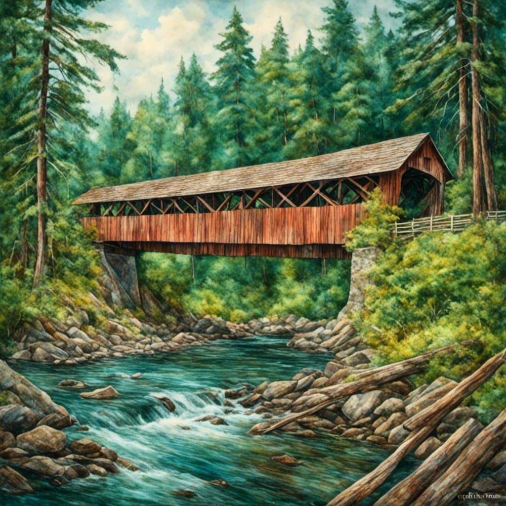 Historic Moulton Falls Wooden Covered Bridge in Washington