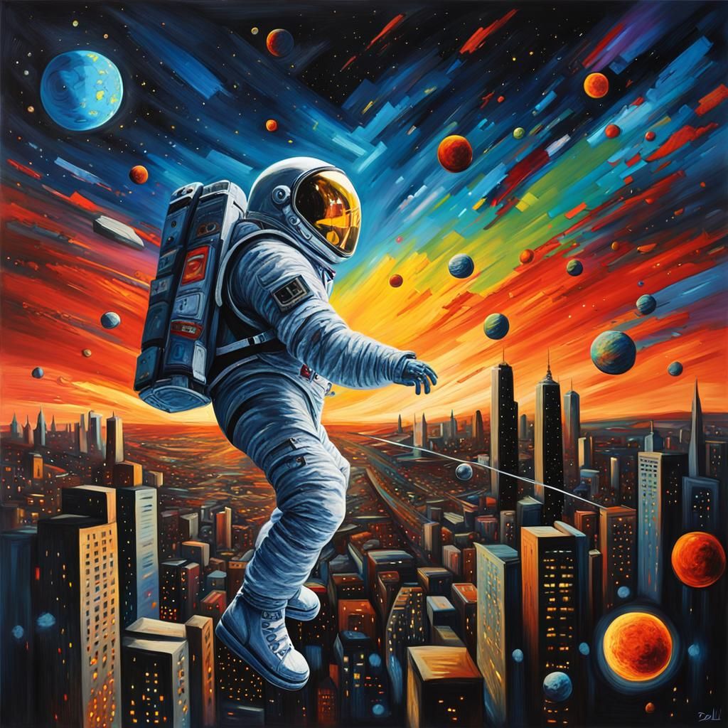 Astronaut Drifting from City: Surreal Oil Painting