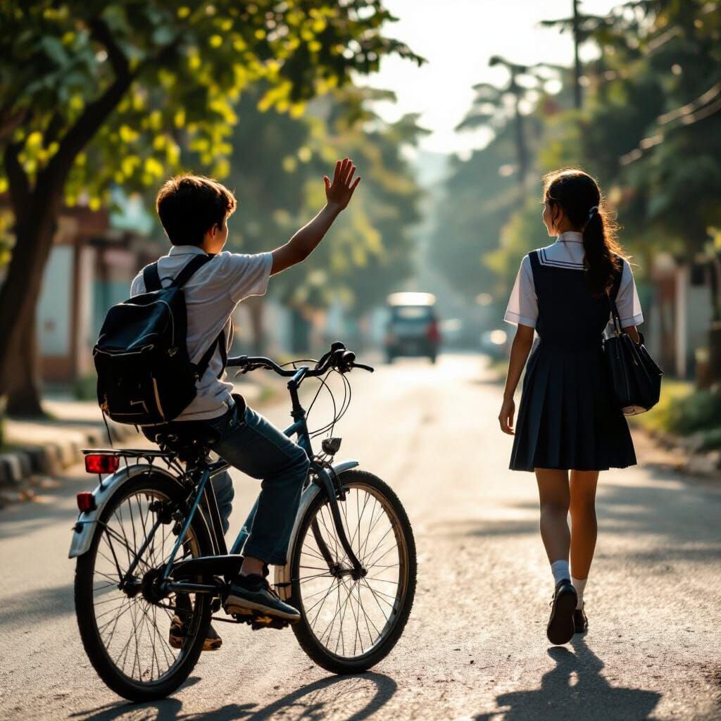 Boy Waves Goodbye to Girlfriend in School Uniform