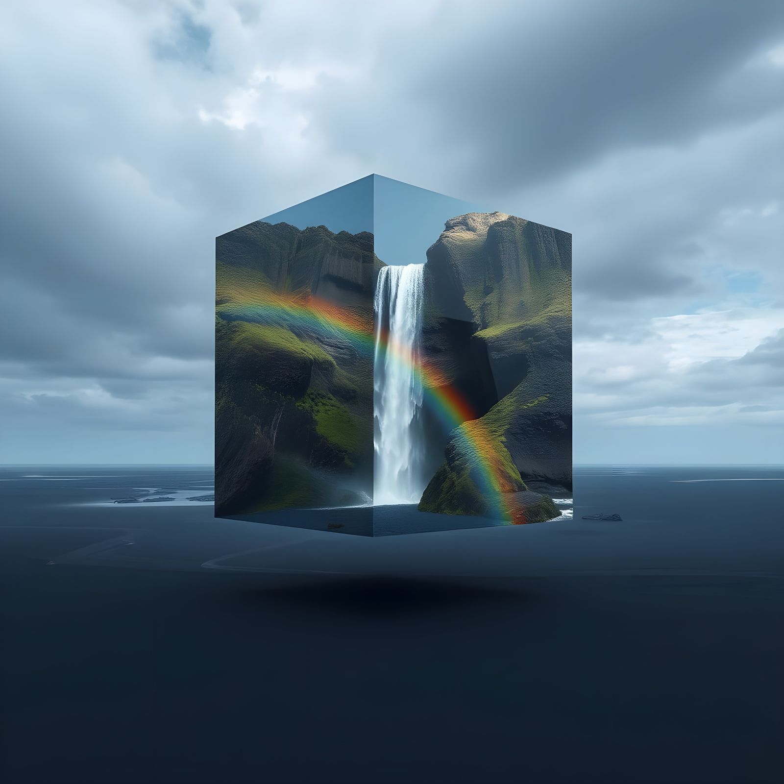 Glass Cube with Rainbow Waterfall on Black Sand