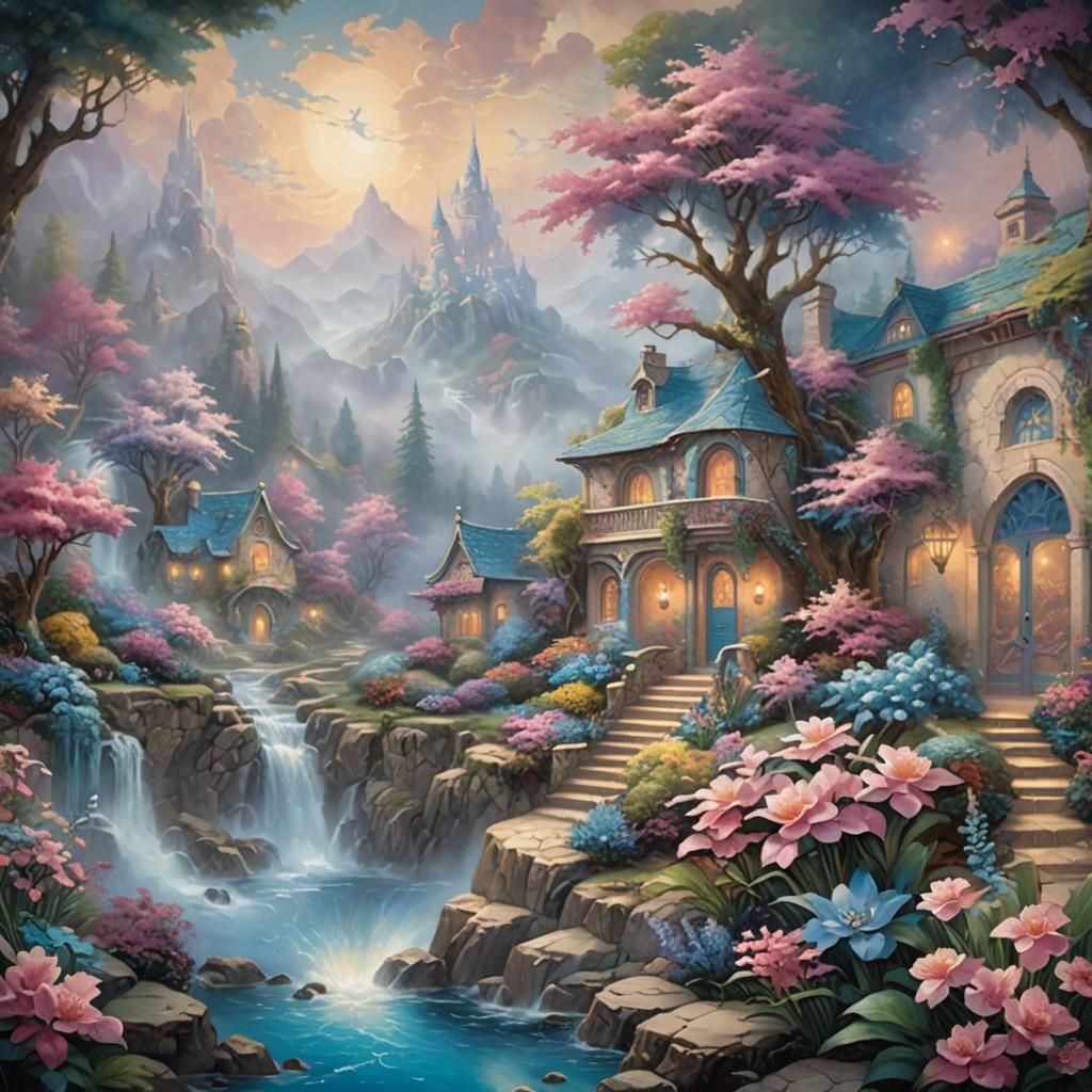 Salon Mural with Soft Pink and Blue Floral Design