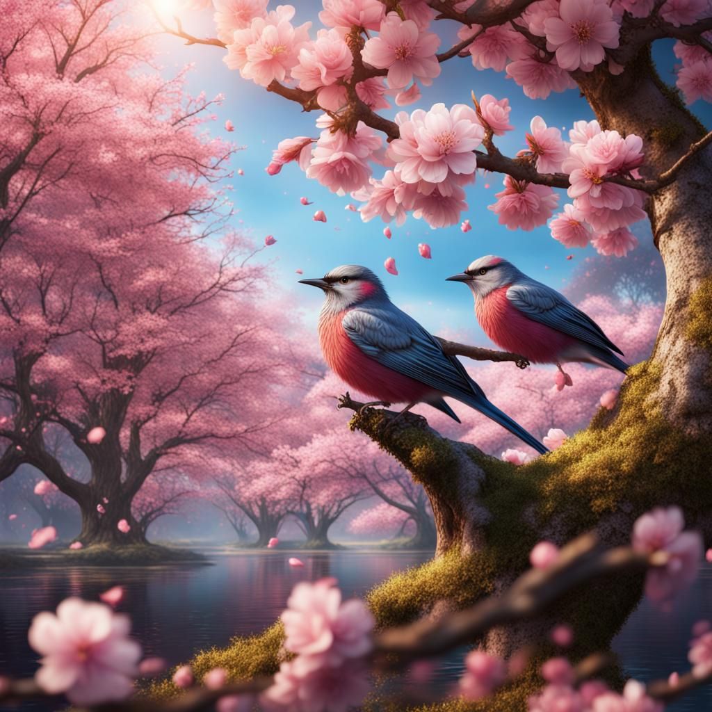 Birds in Spring Cherry Blossoms: Detailed Matte Painting