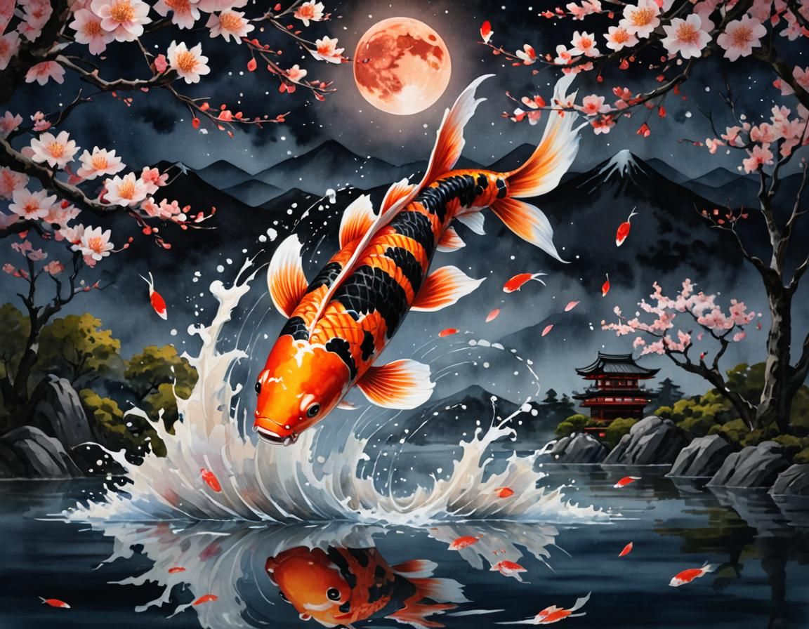 Fiery Koi Leaping Under Blood Moon in Watercolor