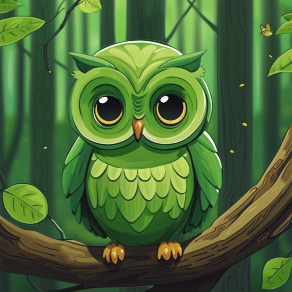 Cute Green Owl in Forest