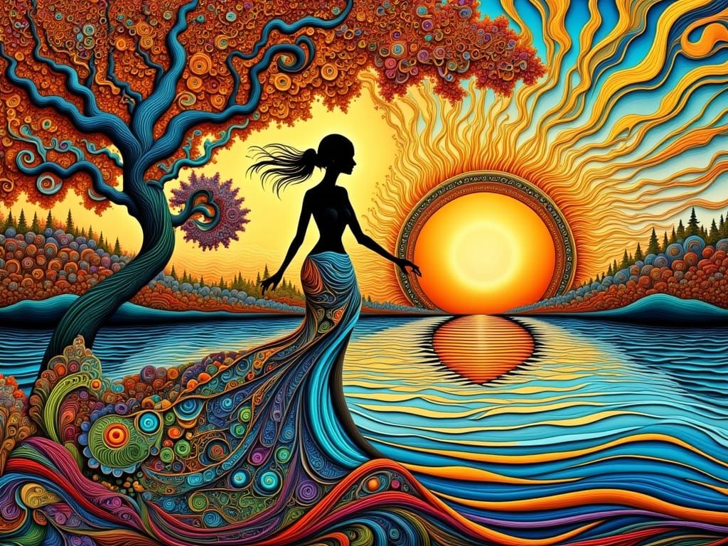 Woman in Foam Dress: Zentangle River Sunset