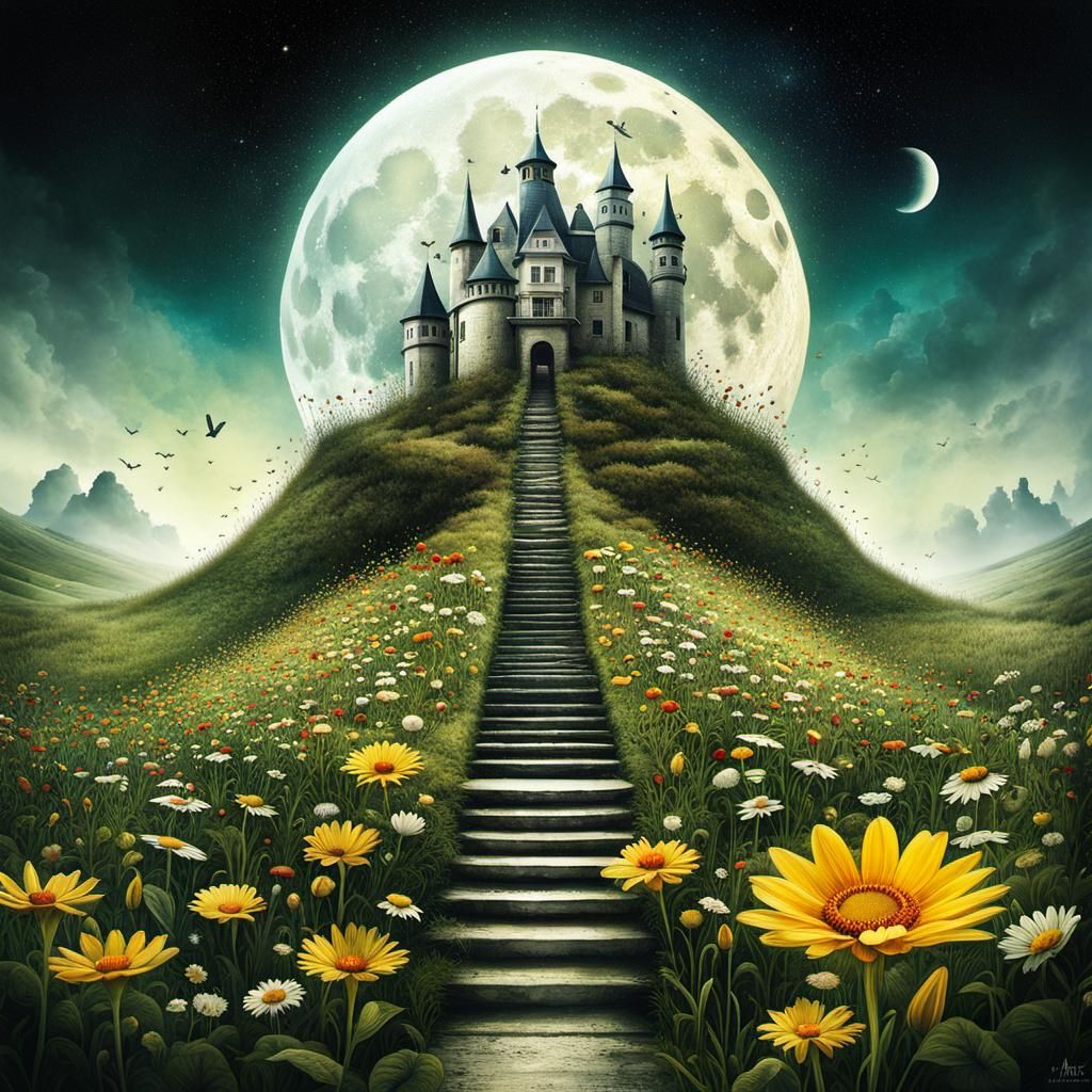 Surreal Flower Meadow Landscape Inside the Moon