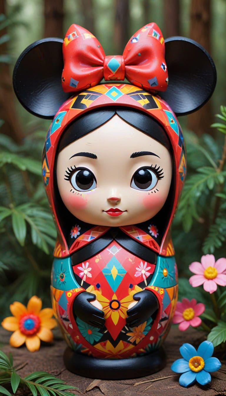Ethereal Geometric Matryoshka Goddess in Whimsical Forest
