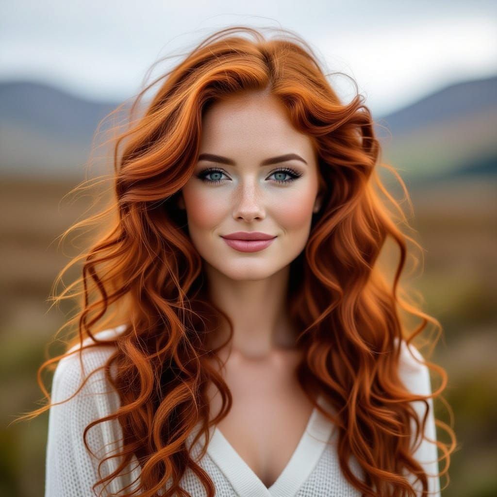 Beautiful Scotland Woman with Long Red Curly Hair