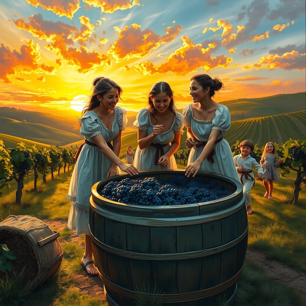 Vineyard Grape Stomp: Impressionist Oil Painting at Sunset