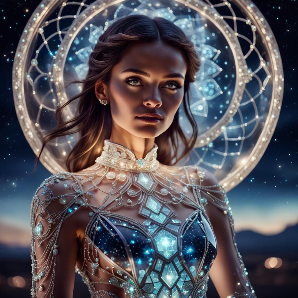 Woman in Glass Dress Against Night Sky