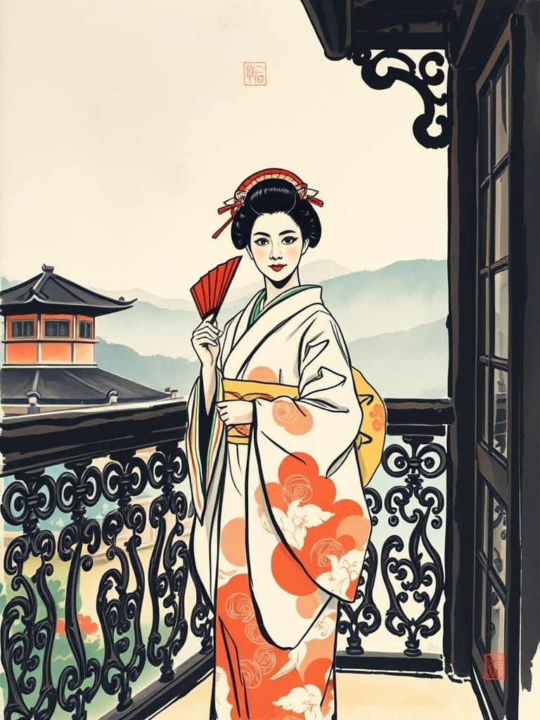 Geisha Portrait in Impressionist Sumi-e Style