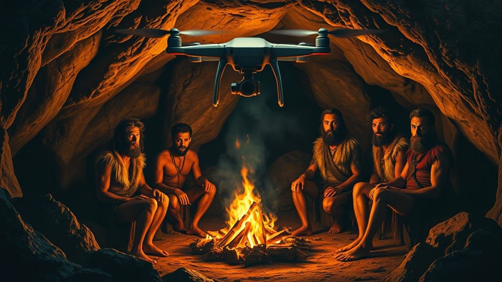 Primitive Man Stares at Drone in Cave, Basquiat & Mead Inspi...