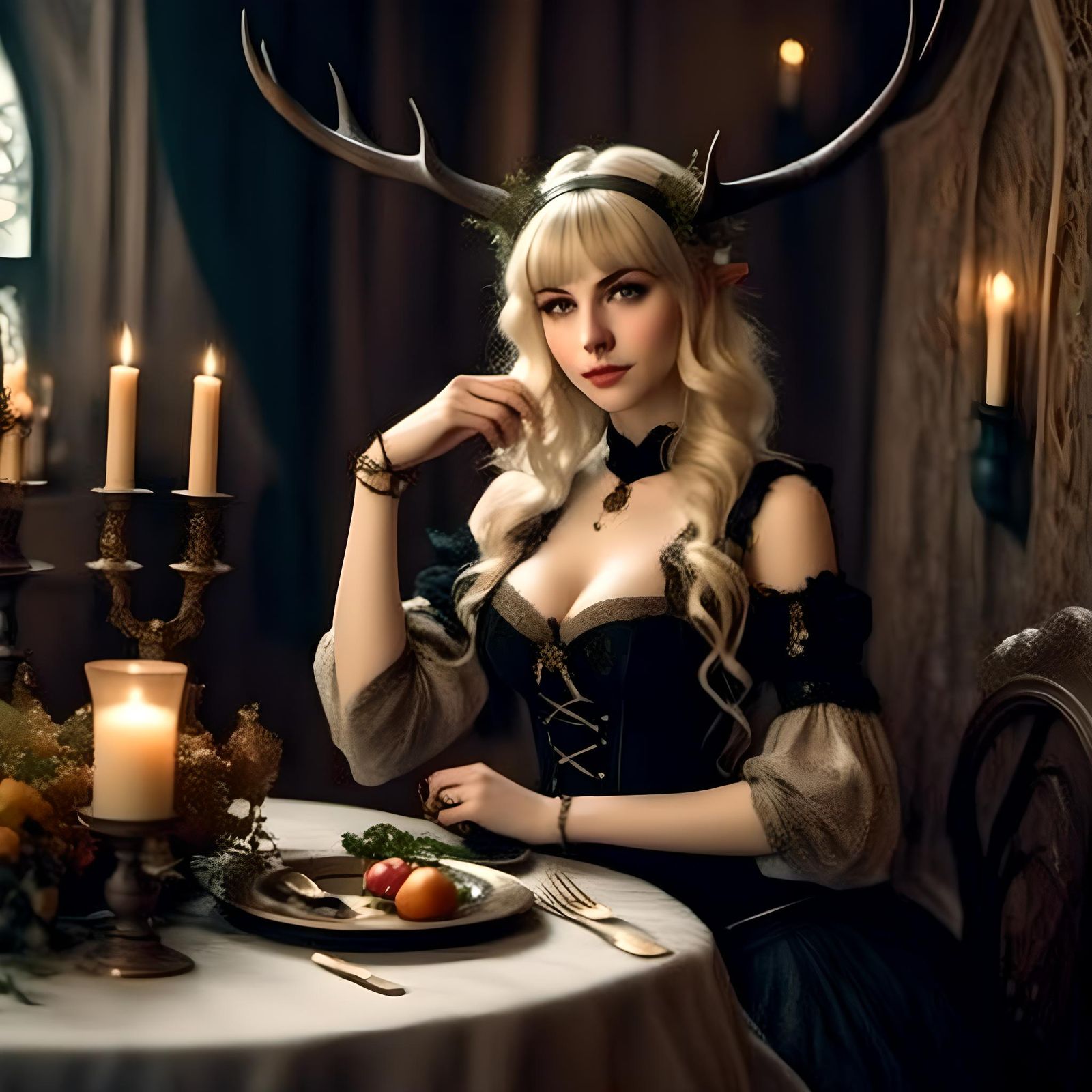 Woman with Antlers in Dining Room