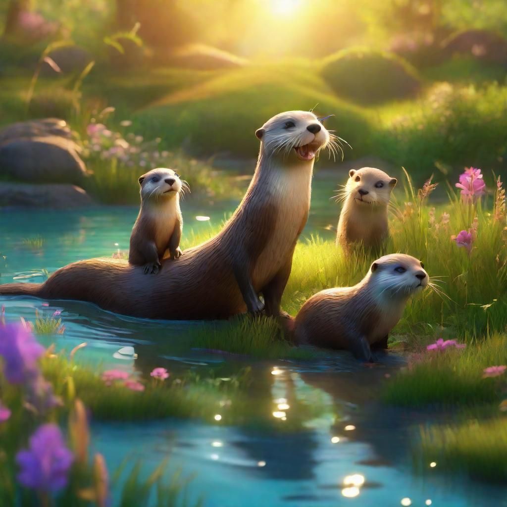 Otters Playing in Sun-Drenched Meadow: Pixar-Inspired Art