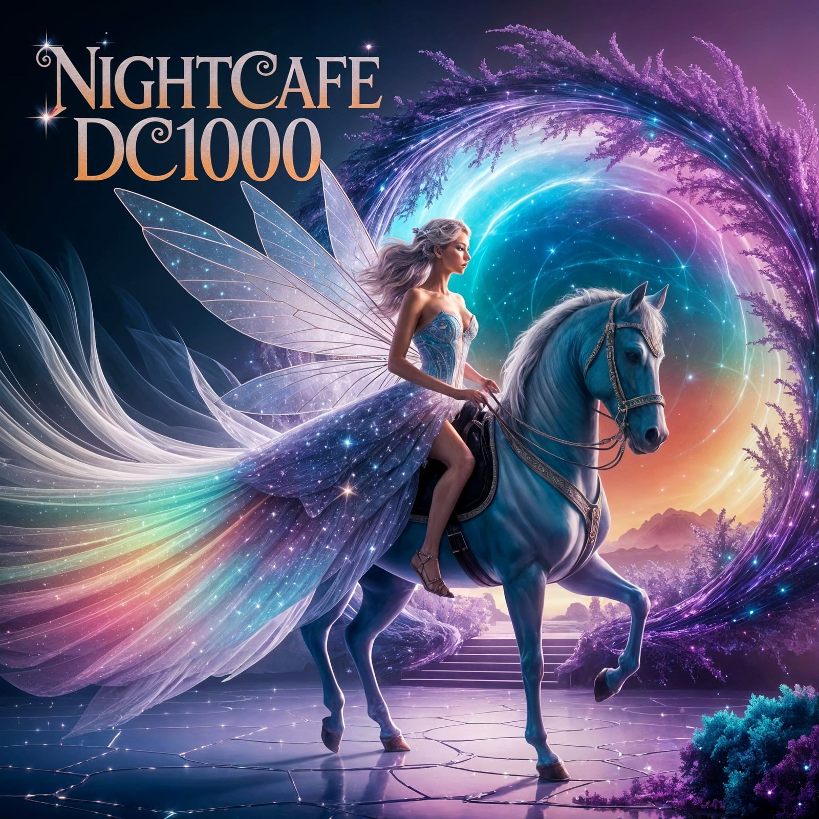 Fantasy Fairy on Winged Horse Emerges from Cosmic Portal