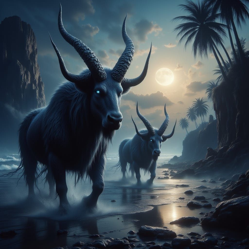 Dark Minotaurs on a Coastal Landscape in a Cyberpunk Dye-Tra...