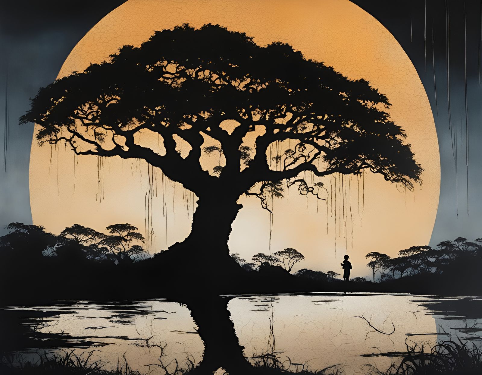Ethereal Moonrise Over African Rain Tree in Ukiyo-e Style