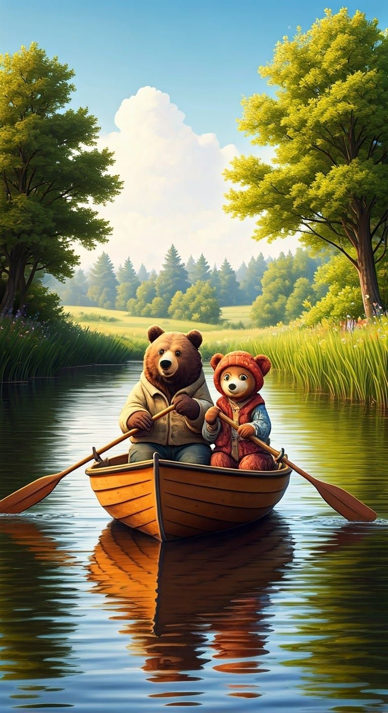 Bear and Marsha Rowboat Scene in Folk Art Style