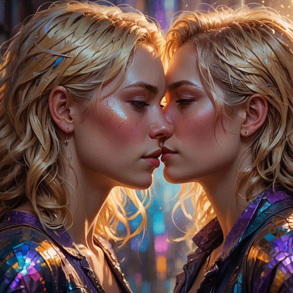 Lesbian Couple's Tender Kiss in Greg Rutkowski Style