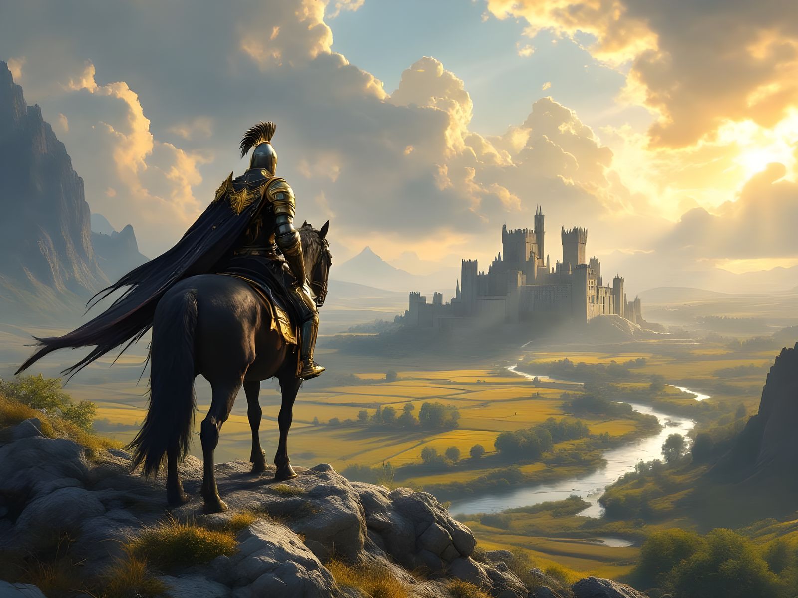 Knight on Horseback Overlooking Golden Fields