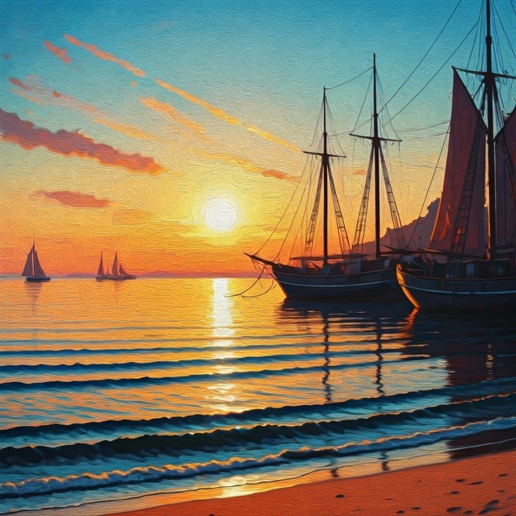 Coastal Harbor Sundown in Impressionist Style